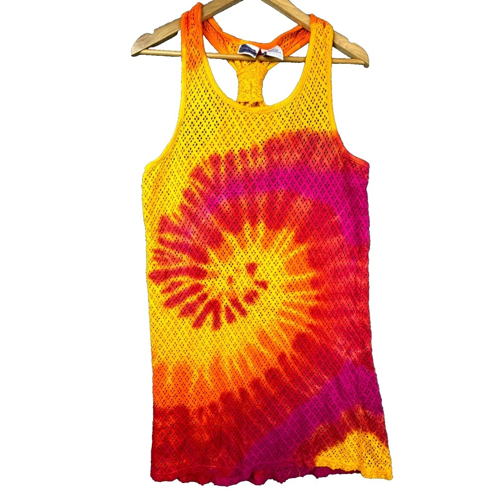 Beach Cabana Tank Top Womens Small Crochet Tie Dye Racerback Swim Cover Up